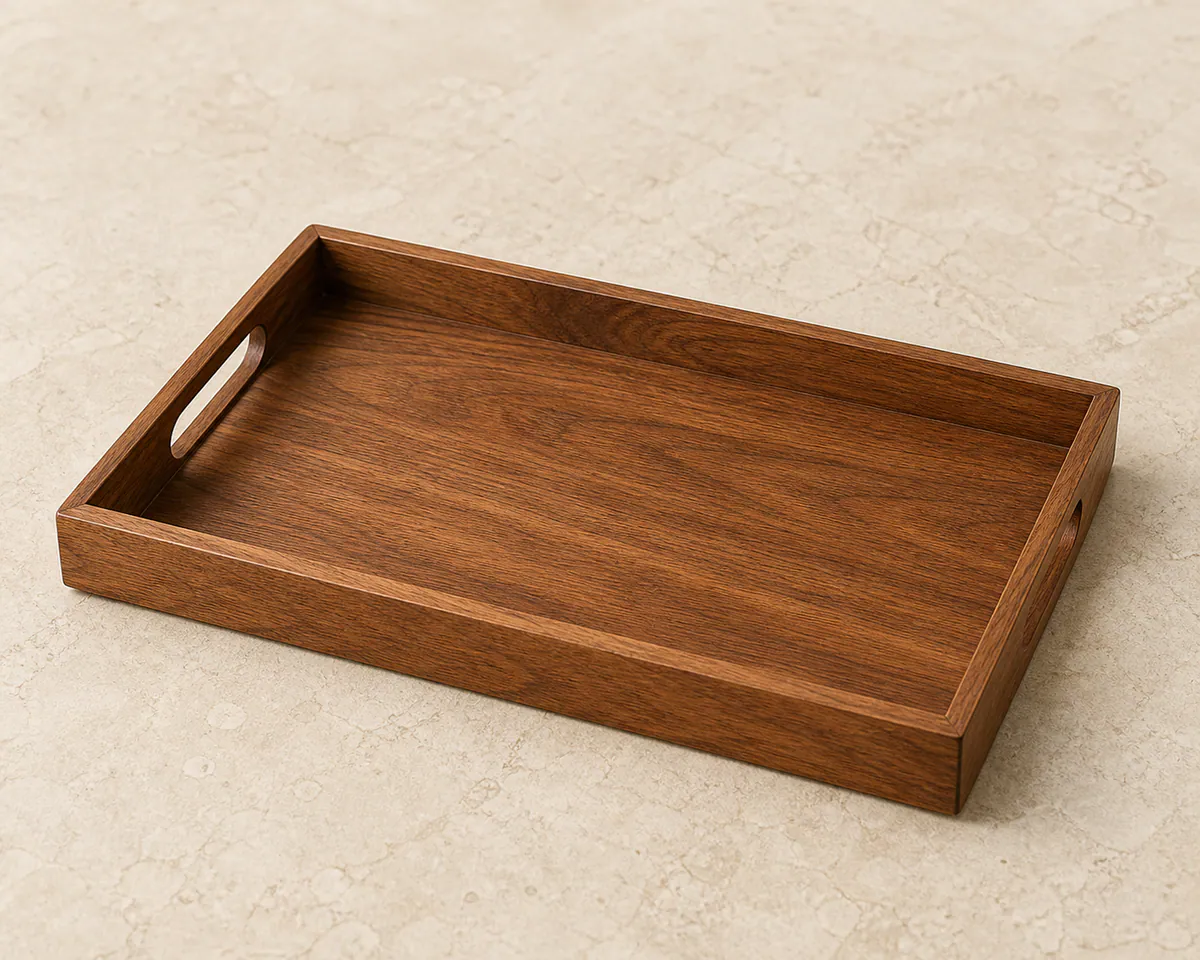 Wooden tray on a sober background