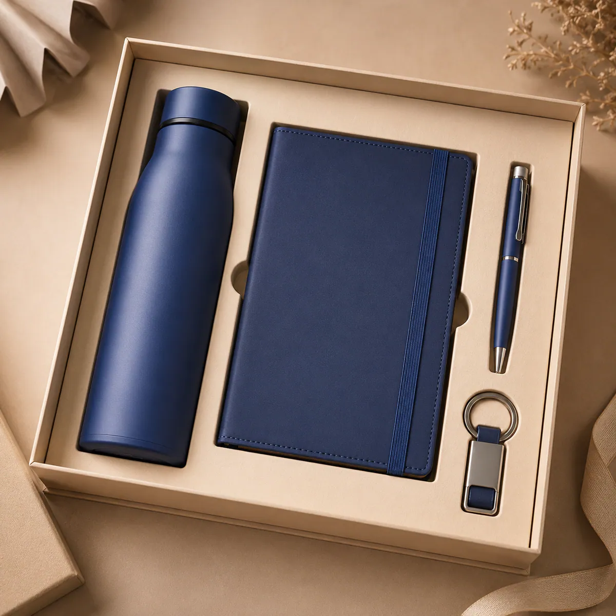 Corporate desk kit with a bottle, notebook, pen, and small accessories