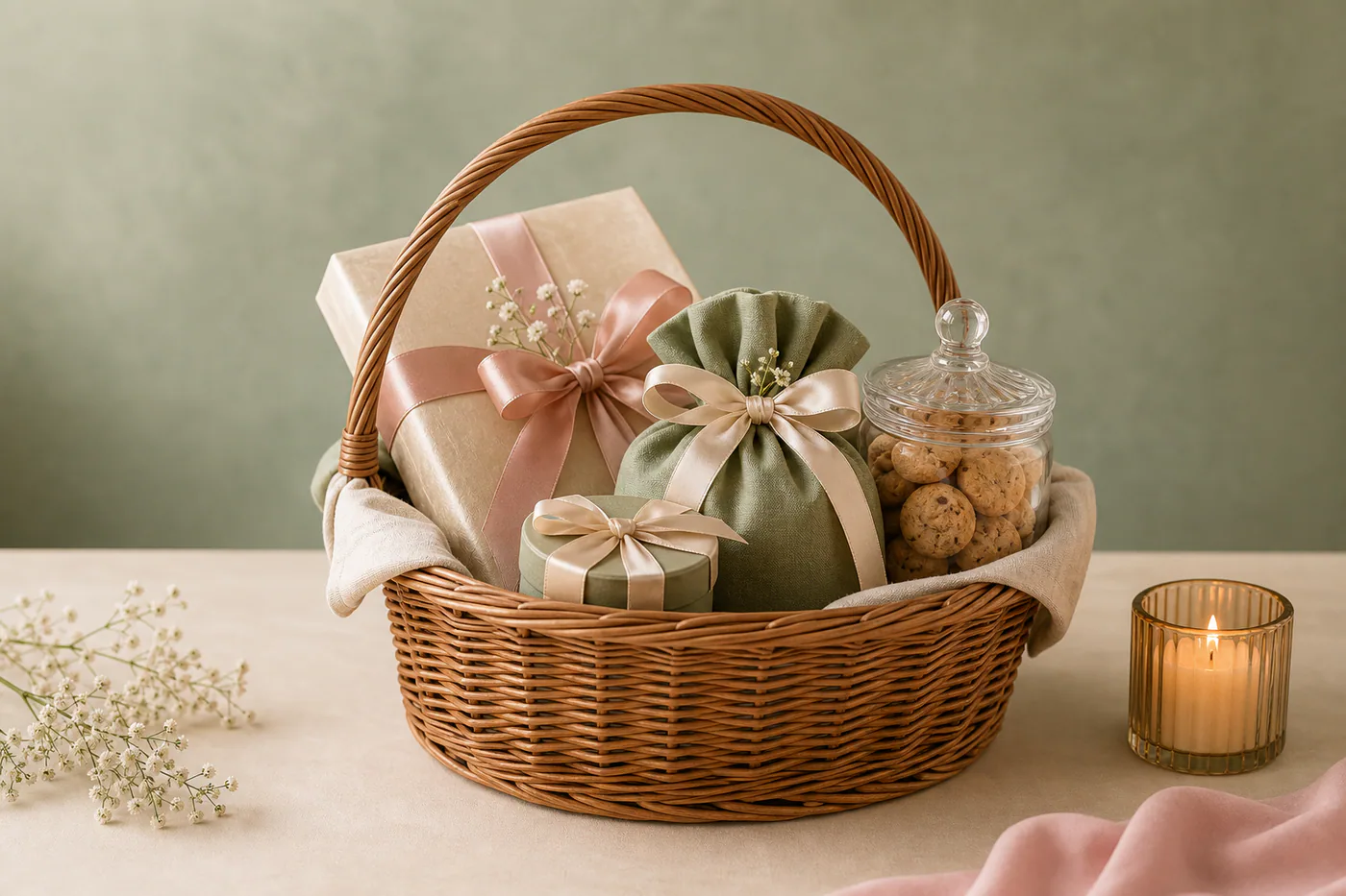 A calm wedding welcome hamper with pastel wrapping, wicker basket, cookies, candlelight, and satin fabric.