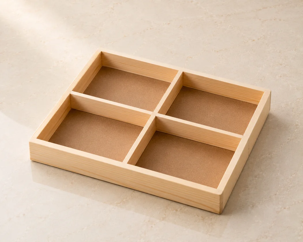 Wooden partition tray for arranged hamper contents